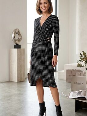 Luxology Black Polka Dot Wrap Midi Dress